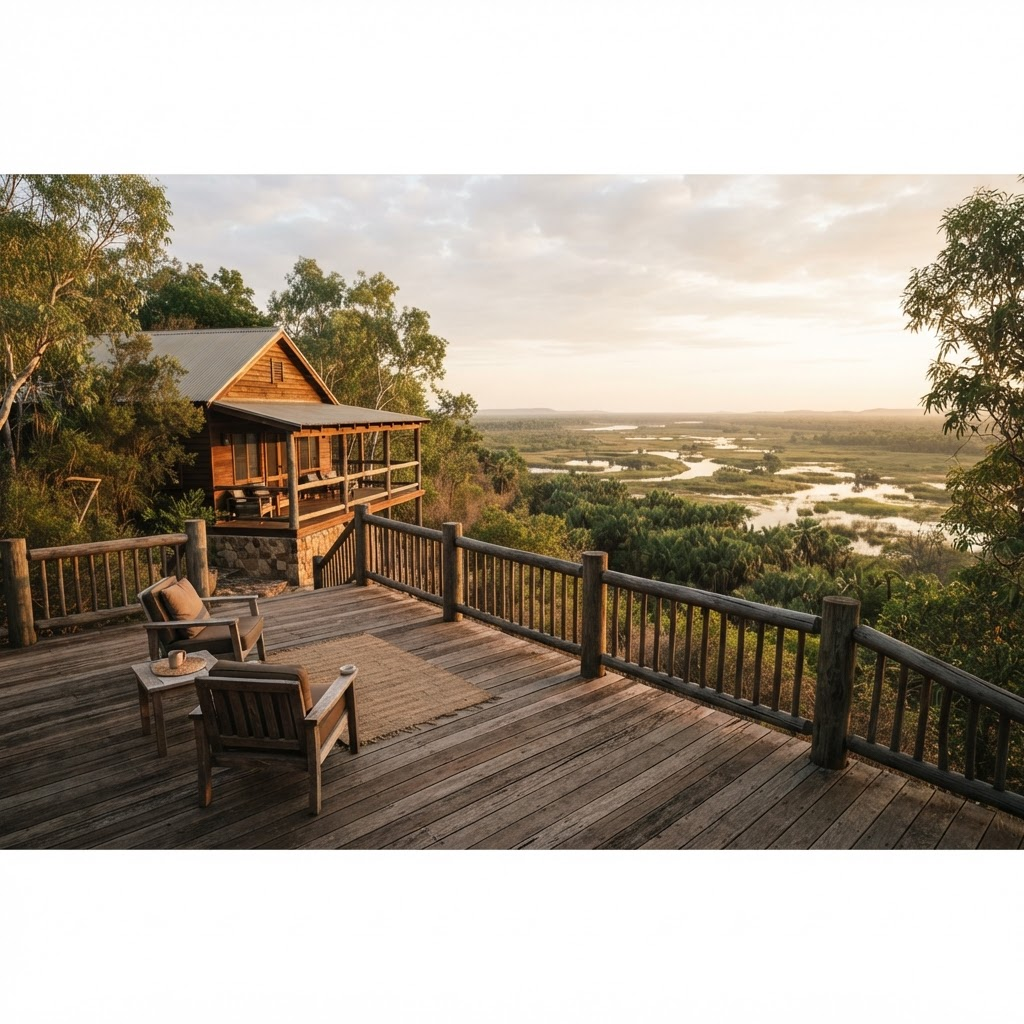 Timber lodge deck overlooking the Mary River wetlands surrounded by native bushland