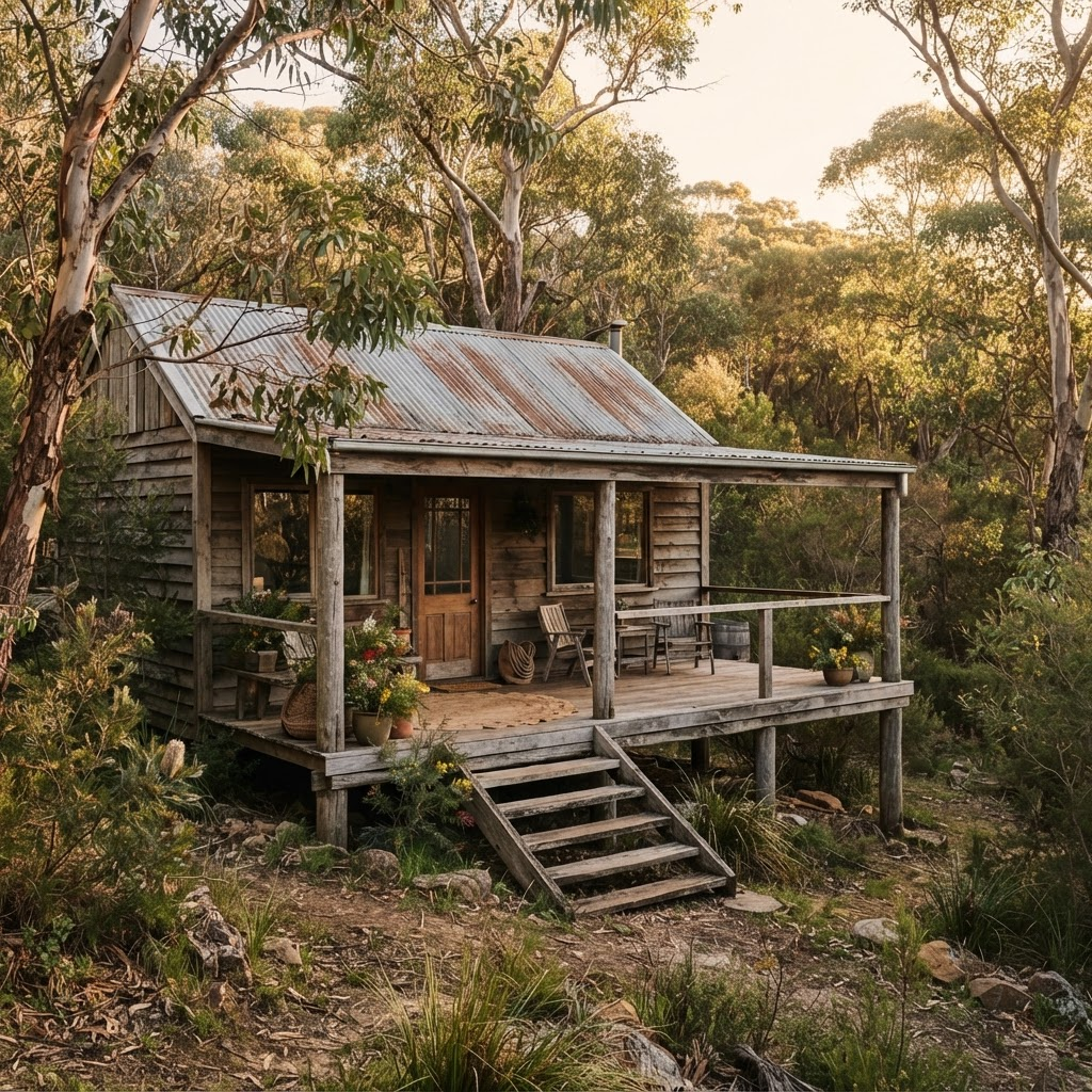 Timber cabin bungalow nestled in native Australian bushland