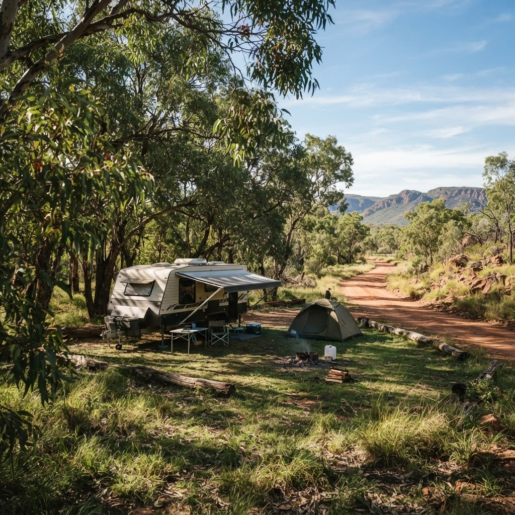 Shaded caravan and camping site under gum trees