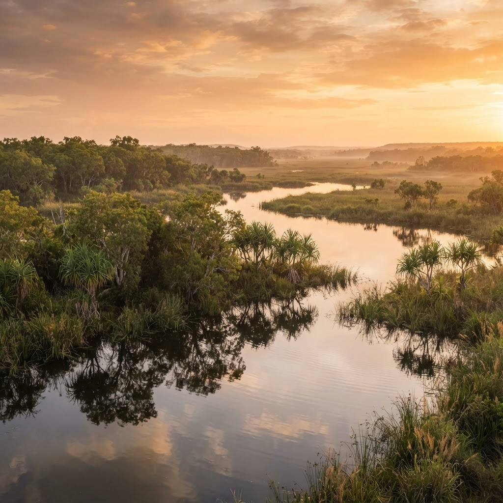 Golden hour view of the Mary River wetlands with paperbark trees reflected in still water