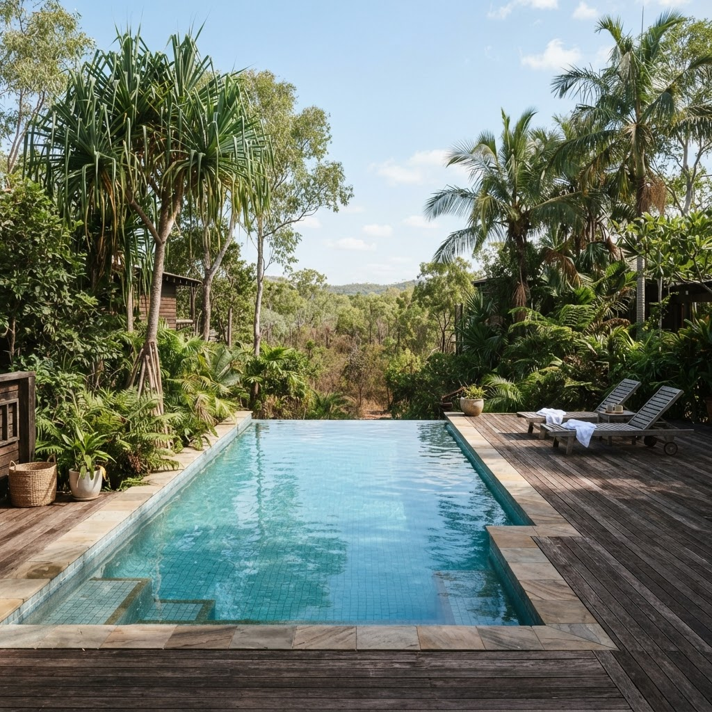 Outdoor swimming pool surrounded by palm trees and timber decking