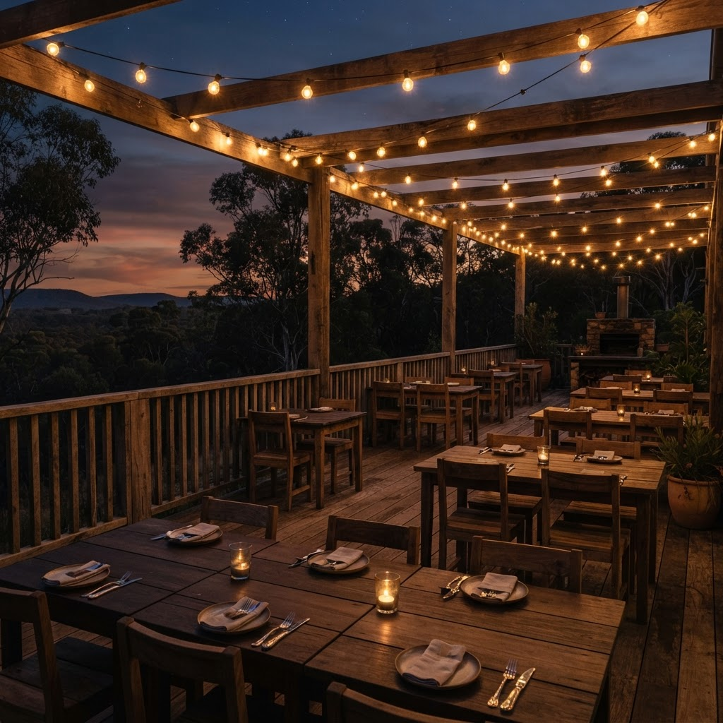 Open-air timber restaurant deck at the retreat overlooking Australian bushland at dusk