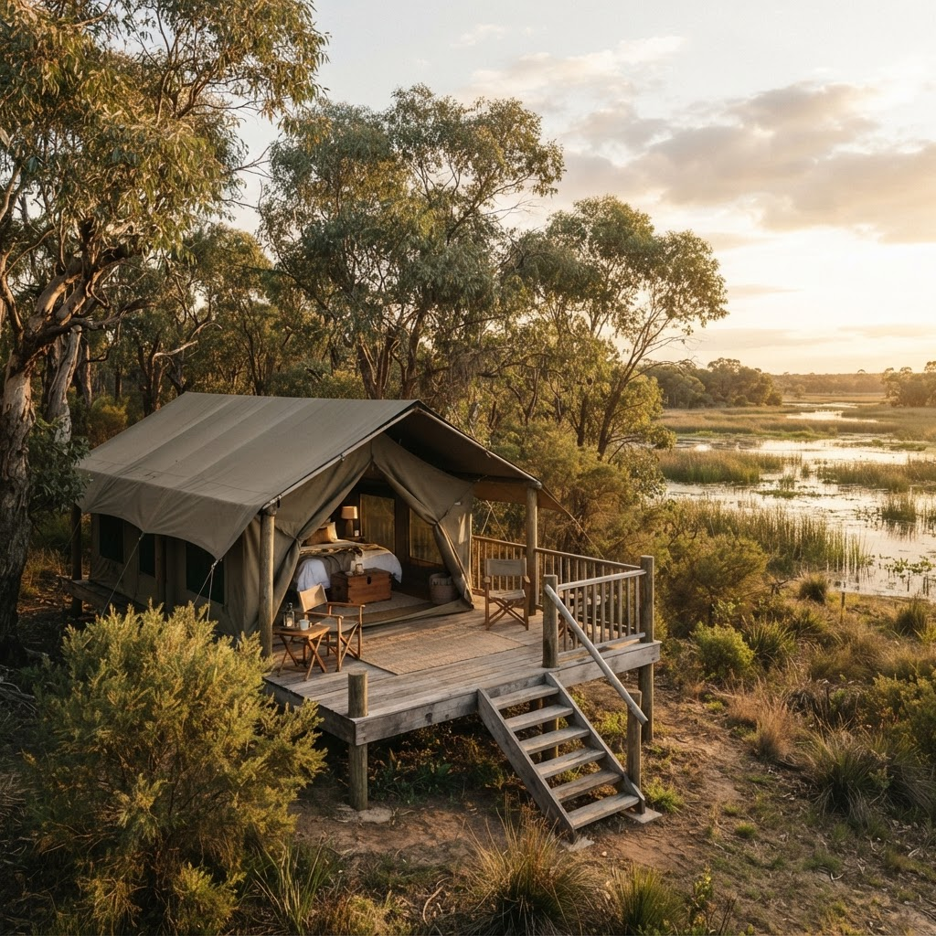 Canvas safari glamping tent on a timber platform surrounded by trees