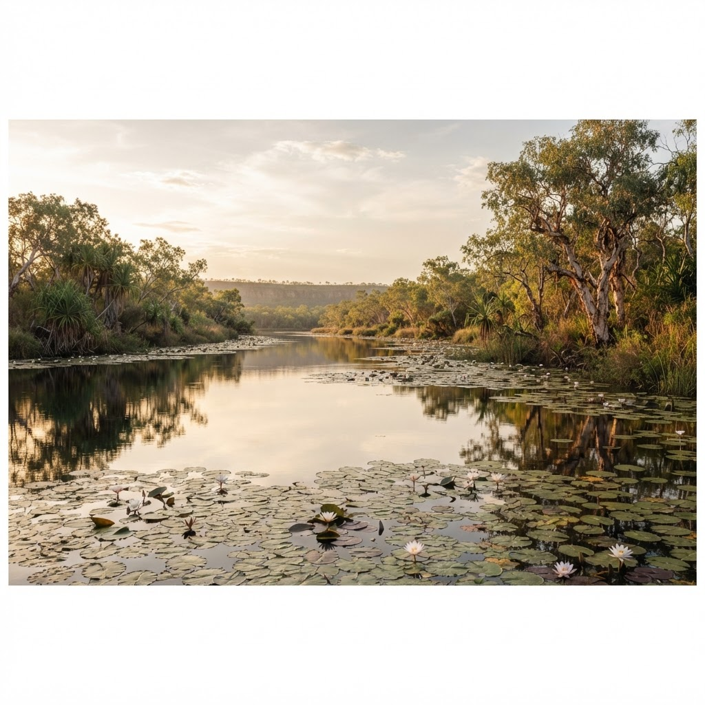Billabong in the Mary River wetlands with lily pads and paperbark trees at golden hour